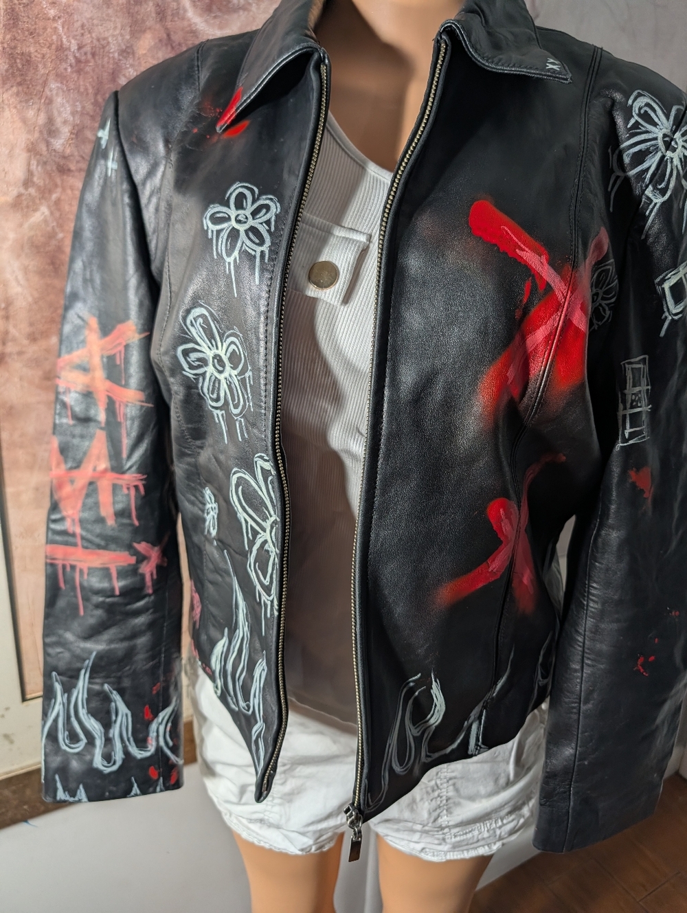 Bosi Collezione Graffiti Lamb Leather Jacket with Red & White Artwork Size L